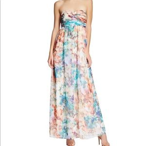 Aidan Mattox Strapless Watercolor Maxi Dress